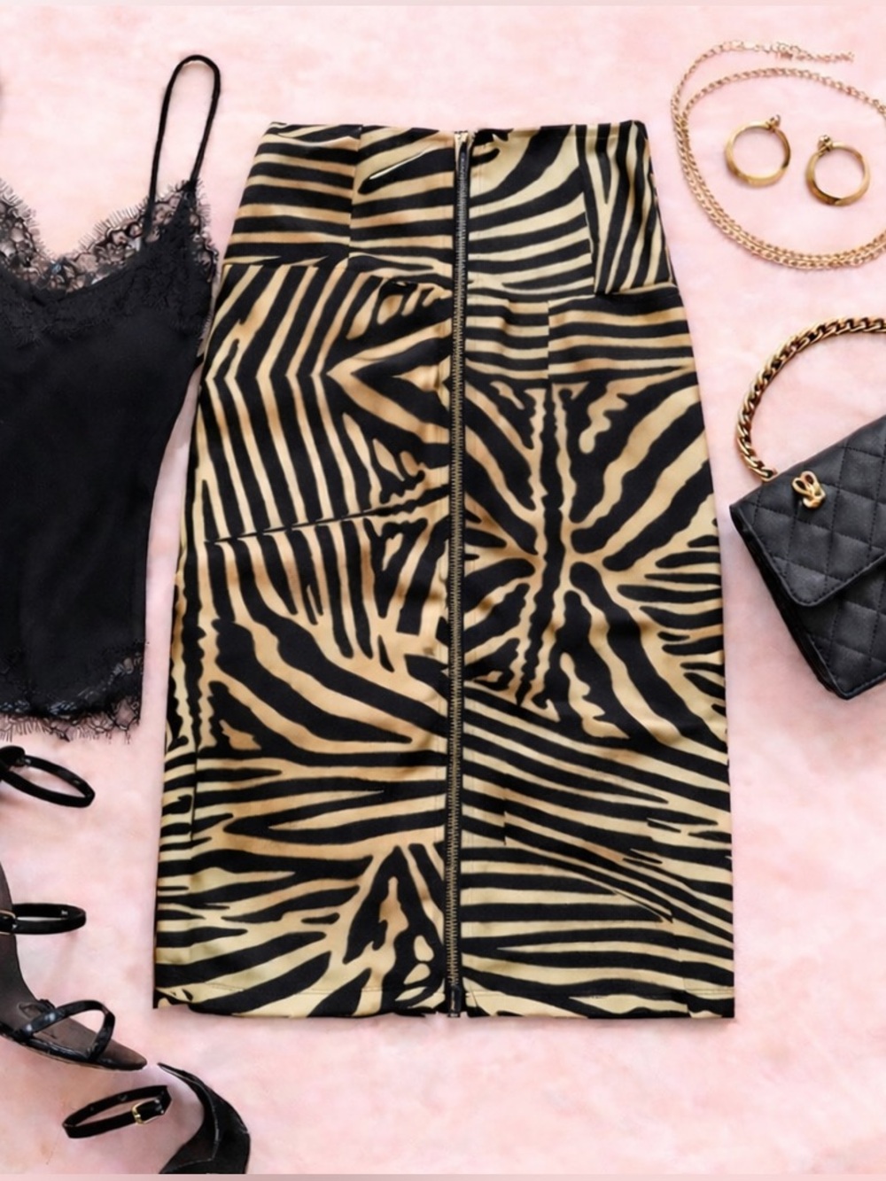 Guess by Marciano Zebra Print Midi Skirt Size 4 | High-Waist Zip Front Statement